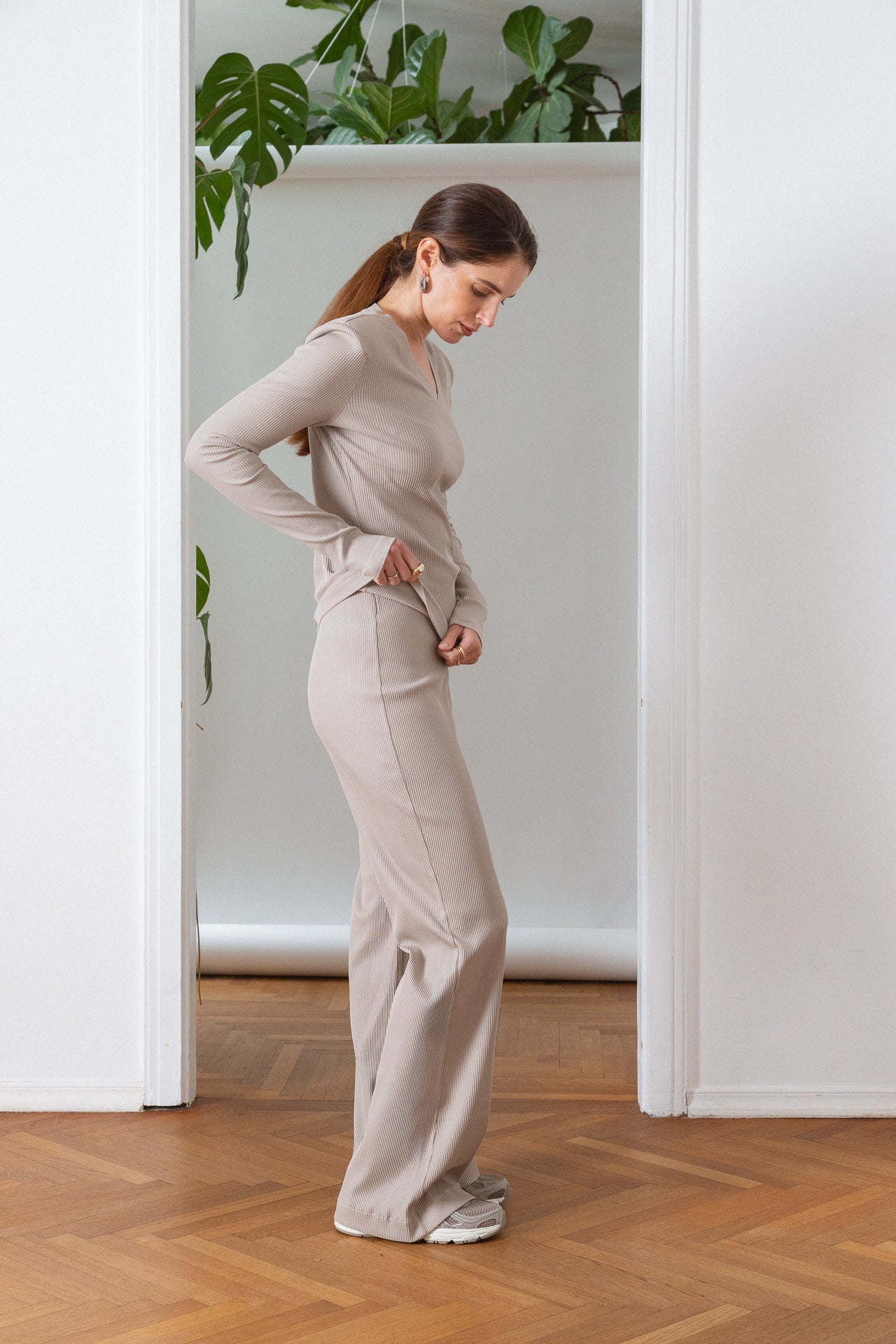 Organic Cotton Ribbed Pants Beige