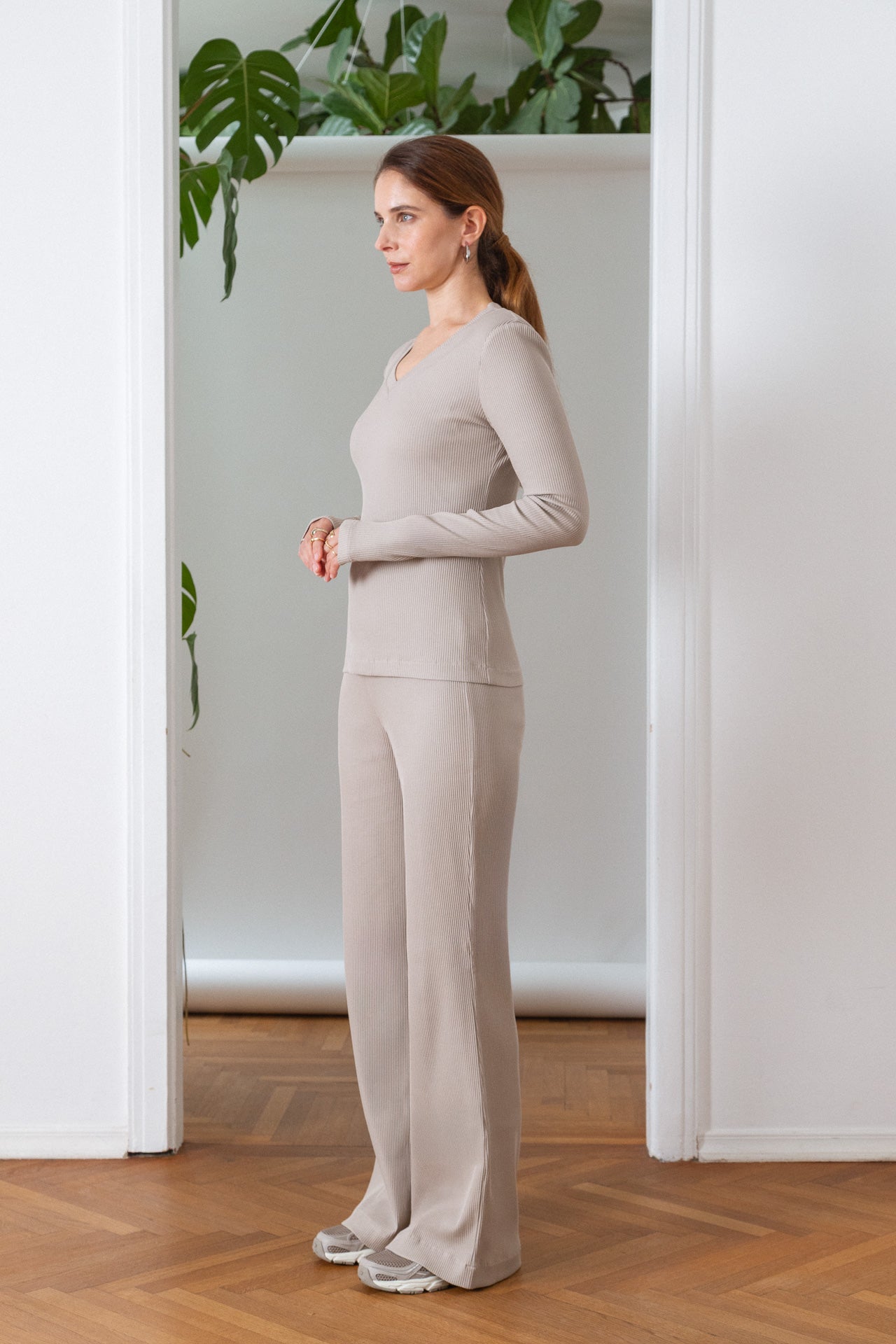 Organic Cotton Ribbed Pants Beige